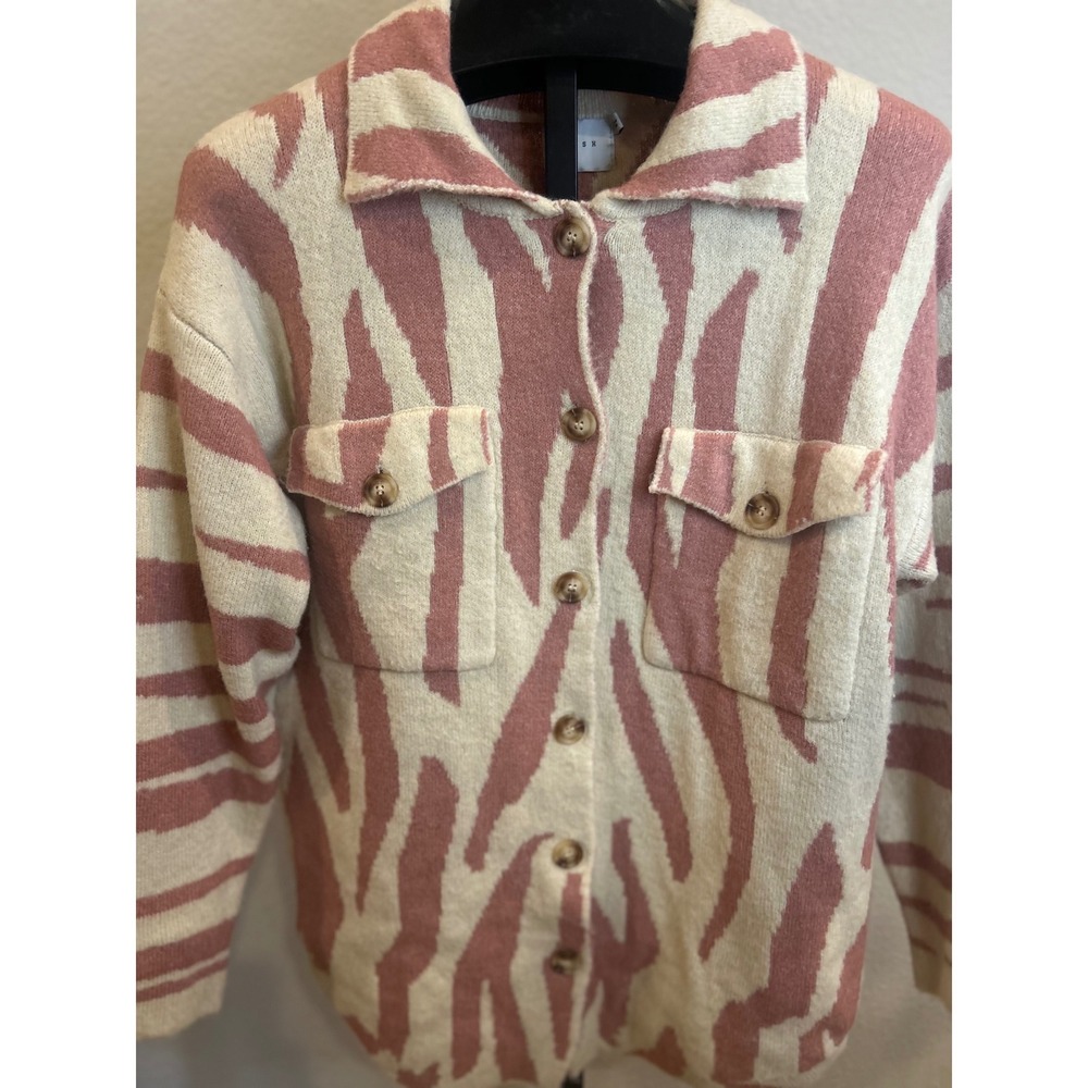 Lush Redwood Oatmeal Zebra Print Knit‎ Button Down Shacket Cardigan LT17539-FCI - Picture 3 of 7